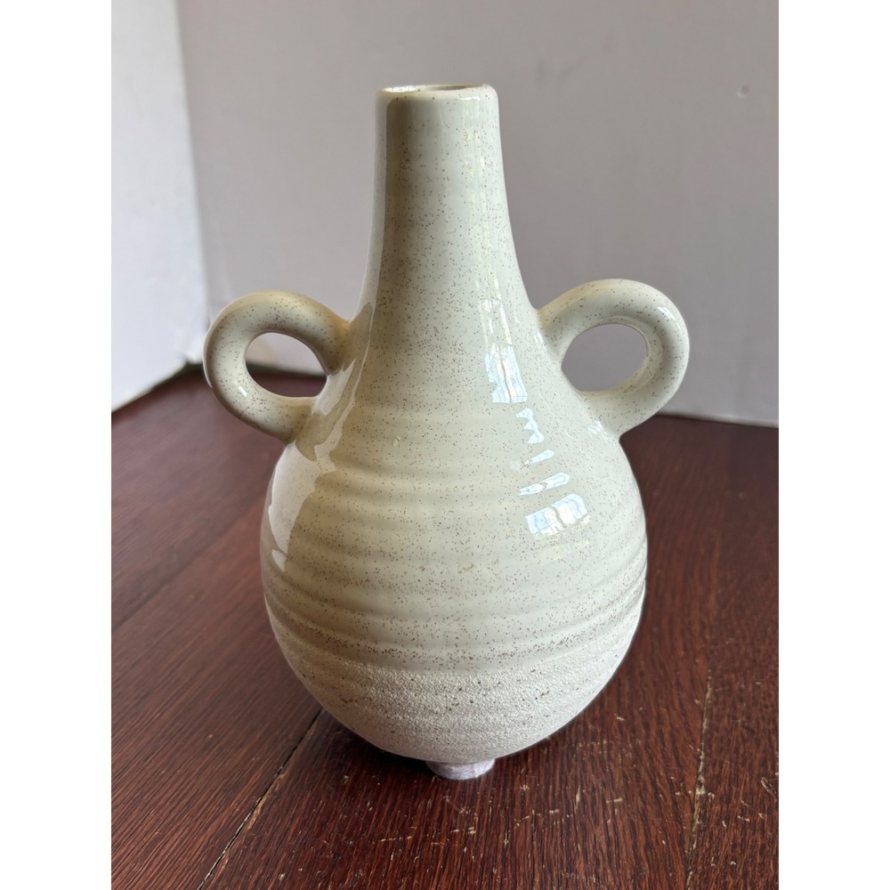 Speckled Ceramic Bud Vase Double Handle Ribbed Cream Stoneware 6.5 Inch